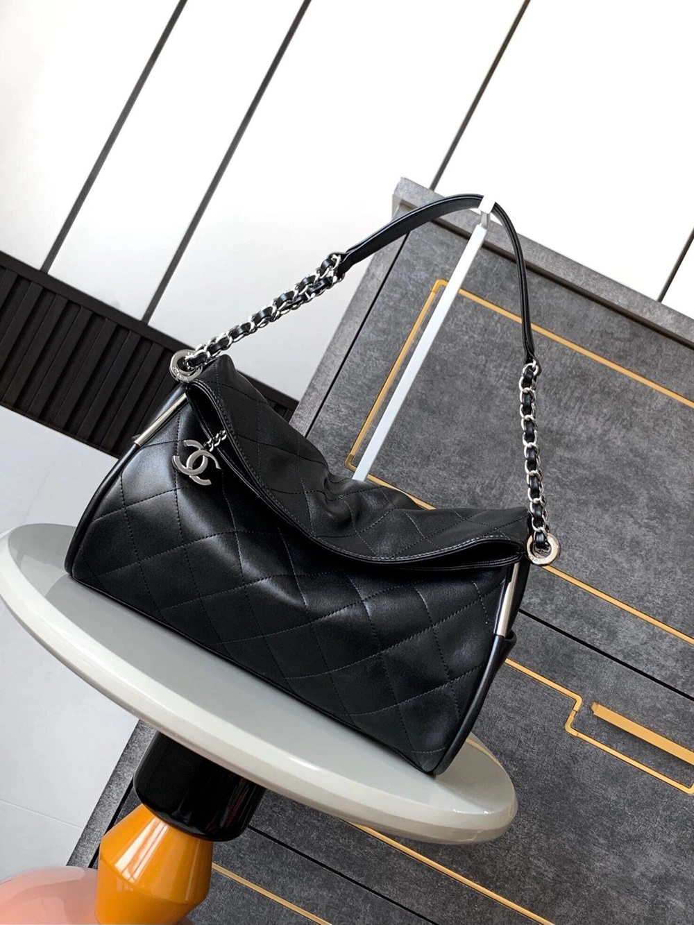 Chanel Black Lambskin Leather Quilted Shoulder Bag with Chain Strap